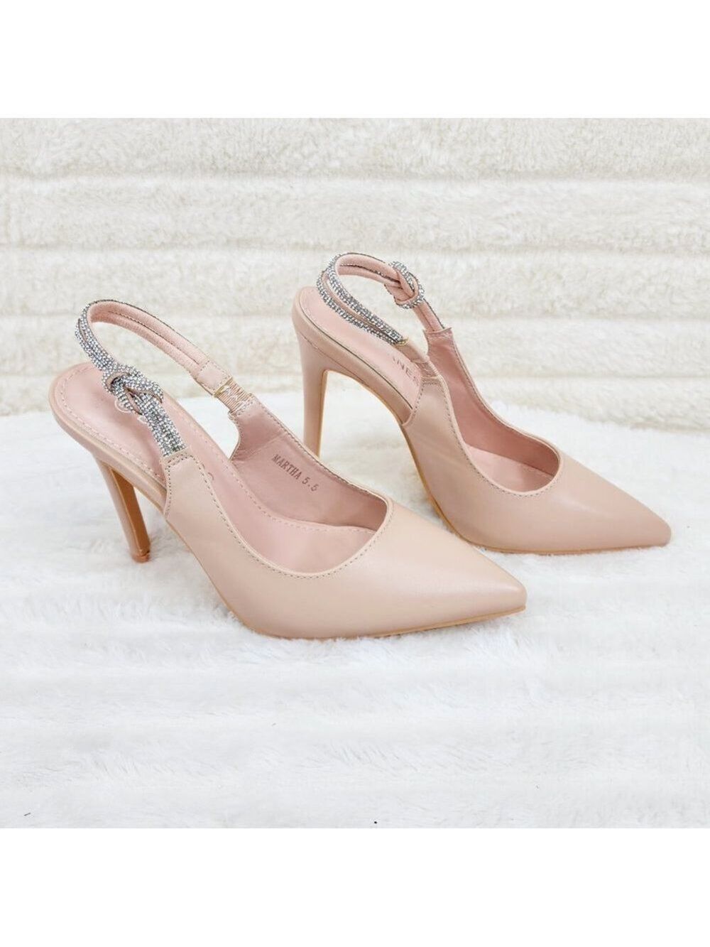 Mesmerized Nude High Heel Stiletto Sandals Knotted Rhinestone Slingback Sandals - Picture 10 of 10